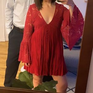 Free People Red Lace Bell Sleeve Dress